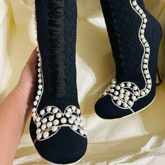 FENDI BOOTS TRONCHETTO FIL.3 WITH PEARLS 7.5 SIZE - Picture 5 of 14